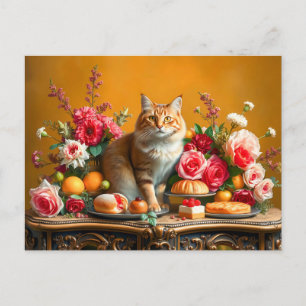 Carte Postale Nature morte classique avec chat et abondance de l
