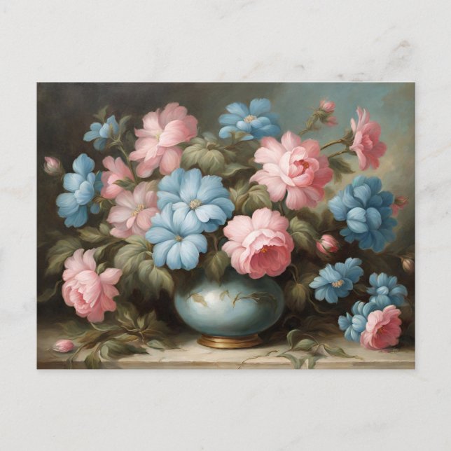 Carte Postale Nature morte Fleurs roses et bleues victoriennes d (Devant)