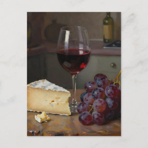 Carte Postale Nature morte réaliste au vin rouge, fromage et rai