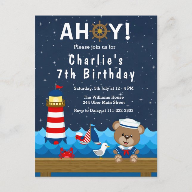 Carte Postale Nautical Boy Bear Rouge et Marine Anniversaire Par (Devant)
