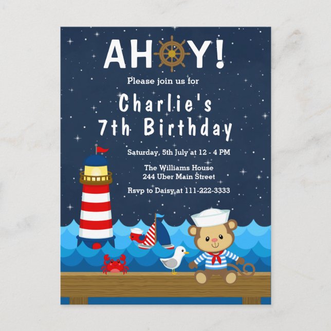 Carte Postale Nautical Boy Monkey Red et Navy Anniversaire (Devant)