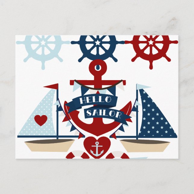 Carte Postale Nautical Hello marin Ancre Voilier Conception de b (Devant)