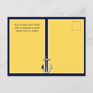 Carte Postale Nautical Navy Bleu Jaune Ancre fête d'anniversaire