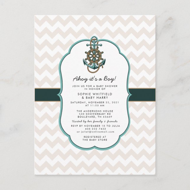 Carte Postale Nautical Sailor Ahoy c'est un Baby shower garçon (Devant)