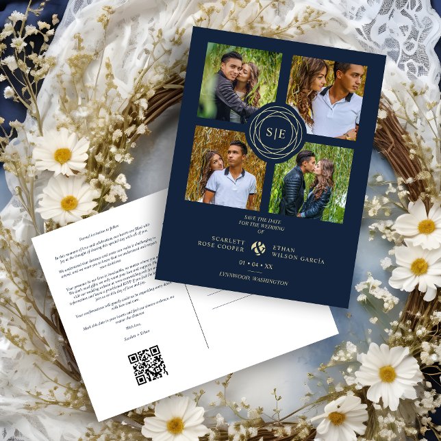 Carte Postale Navi Blue & Gold Minimal Initials Simple 4 Photos (Navy Blue & Faux Gold Minimal Initials Wedding Fancy 4 Multi Photos Collage Save the Date Postcard.)