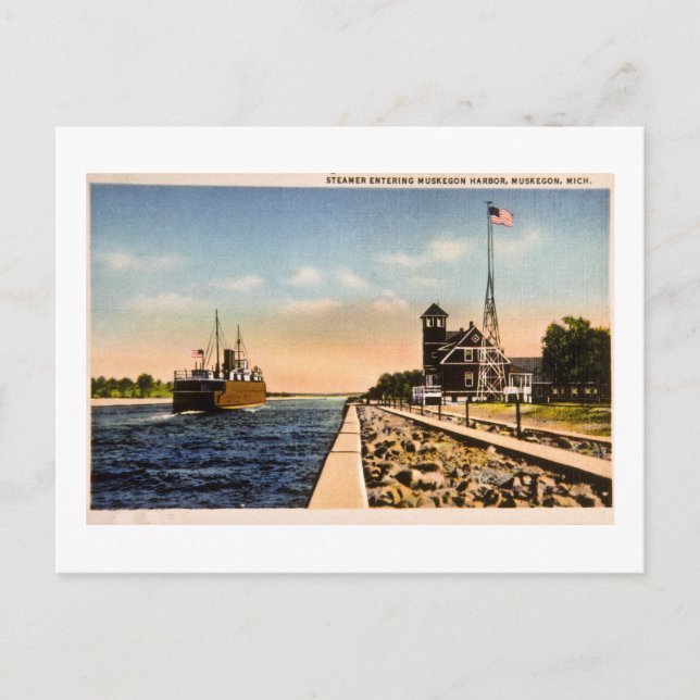 Carte Postale Navire à vapeur entrant dans le port de Muskegon,  (Devant)