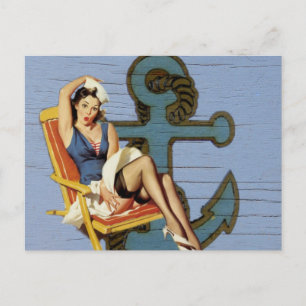 Carte Postale navire côtier bleu et ancre piscine fille