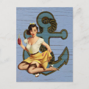 Carte Postale navire côtier bleu et ancre piscine fille