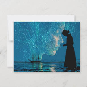 Carte Postale Navire et constellations, femme debout à terre