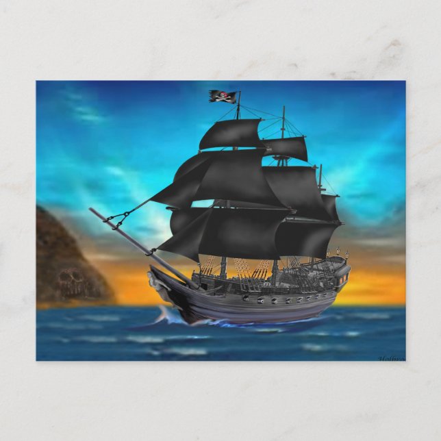 CARTE POSTALE NAVIRE PIRATE AU COUCHER DU SOLEIL (Devant)
