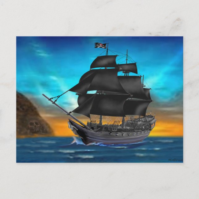 CARTE POSTALE NAVIRE PIRATE AU COUCHER DU SOLEIL (Devant)