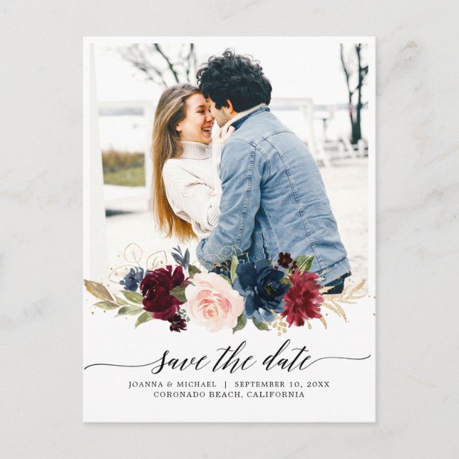 Carte Postale Navy Blue Blush Pink Burgundy Photo Enregistrer La (Devant)