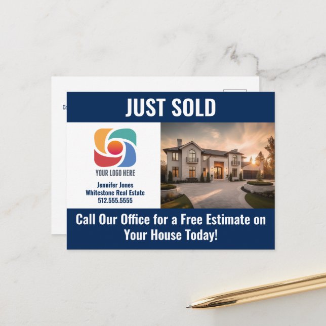 Carte Postale Navy Blue Just Sold Real Estate Company Logo (Devant/Arrière en situation)