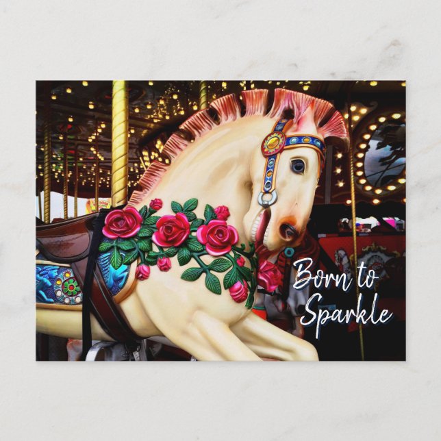 Carte Postale Né à Sparkle Carousel Horse Photo Calligraphie (Devant)