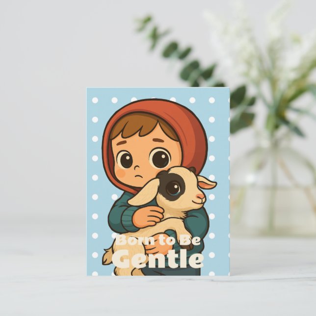 Carte Postale Né pour être doux - Agneau doux et enfant (Debout devant)
