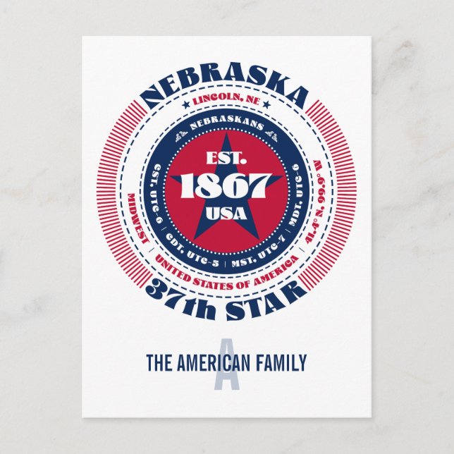 Carte Postale Nebraska, Lincoln, NE, Patriotique, Monogramme (Devant)