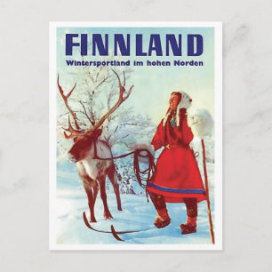 Carte Postale Neige finlandaise, femme sur ski avec cerf, vintag