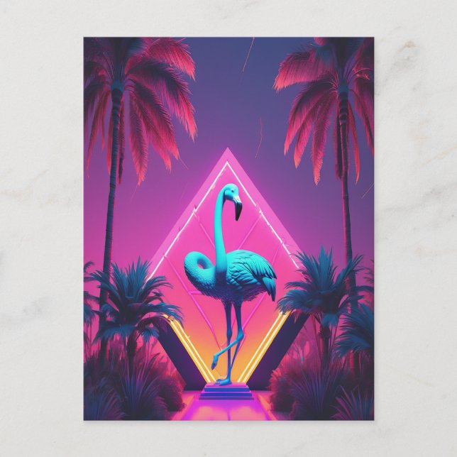 Carte Postale Neon Flamant rose Palmiers Vaporwave Esthétique (Devant)
