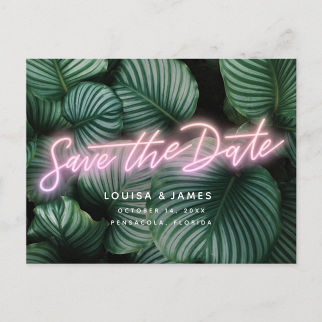 Carte Postale Neon Sign Modern Tropical Enregistrer la date (Devant)
