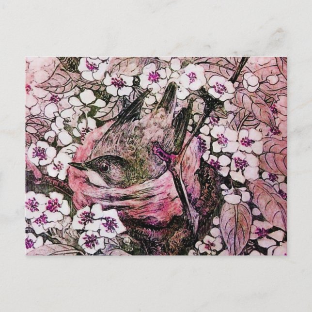 CARTE POSTALE NEST D'OISEAU, ARBRE AUX FLEURS DE PRINTEMPS ROUGE (Devant)