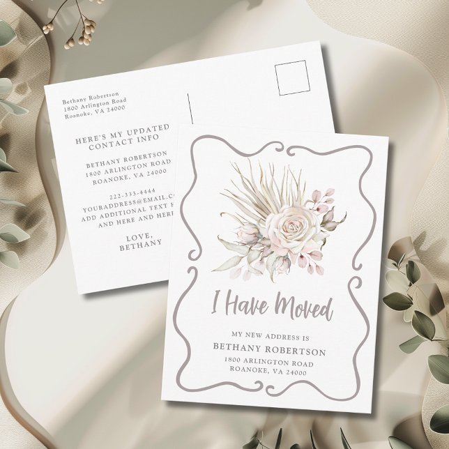 Carte Postale New Home Boho Blush Pink Roses Moving (I Have Moved Boho Blush Pink Roses with Eucalyptus New Address Postcard)