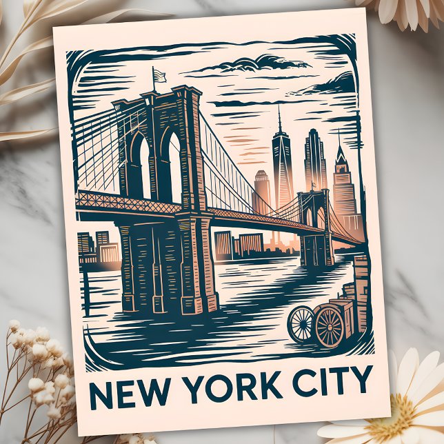 Carte Postale New York City Brooklyn Bridge Bold Retro Skyline (New York City Brooklyn Bridge Bold Retro Skyline Postcard)