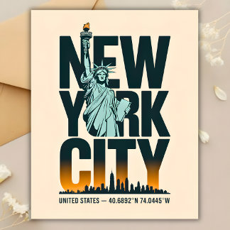 Carte Postale New York City Typographie Statue de Liberty Skylin