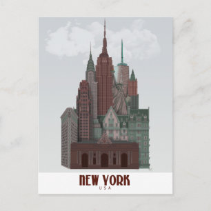 Carte Postale New York dans les nuages - Rouge foncé et vert
