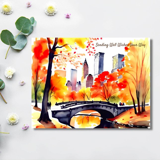 Carte Postale New York Park chute d'aquarelle bien (New York central park in autumn watercolor well wishes postcard bridge over river yellow trees)
