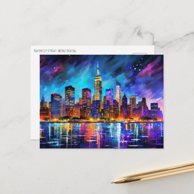 Carte Postale New York Skyline à la peinture Abstraite de nuit (Devant/Arrière en situation)