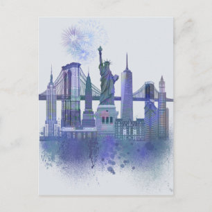 Carte Postale New York Skyline - Aquarelle bleue
