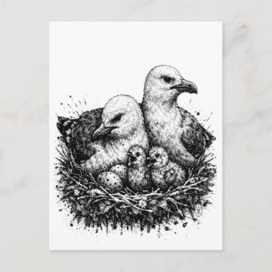 Carte Postale Nid de famille d'oiseaux – Illustration à l'encre 