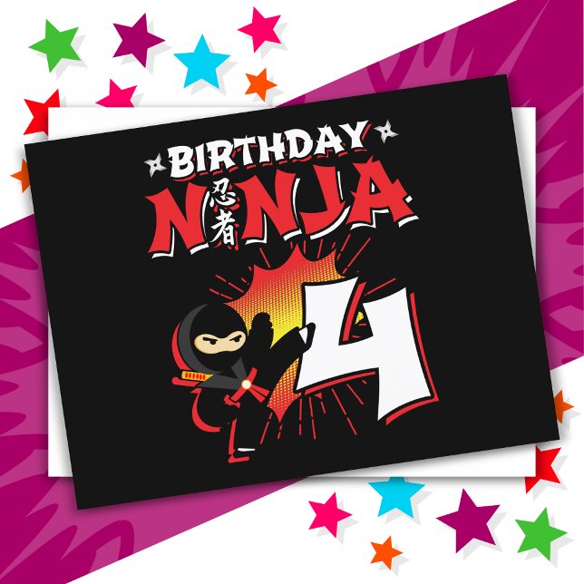 Carte Postale Ninja de bande dessinée de 4 ans pour 4e anniversa (Créateur téléchargé)