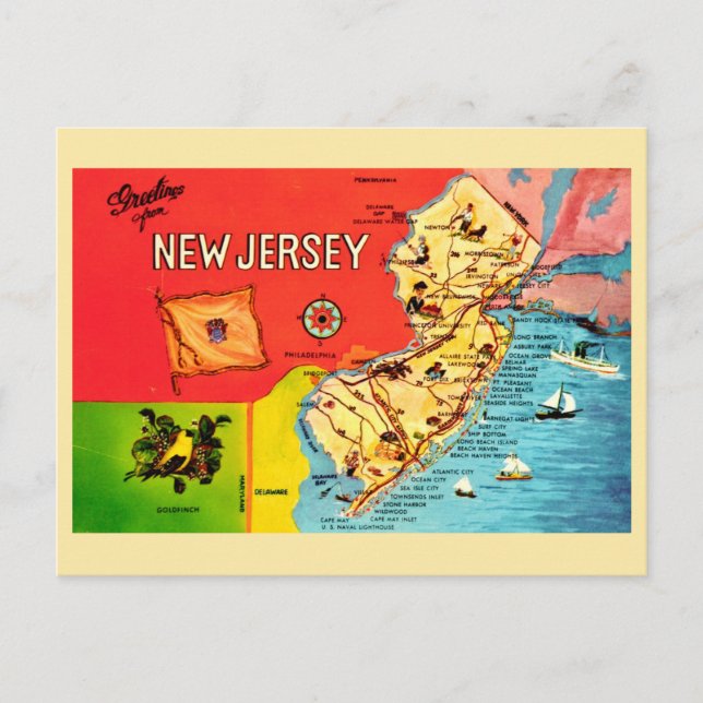 Carte Postale NJ Map of Beaches Bordered Postcard (Devant)