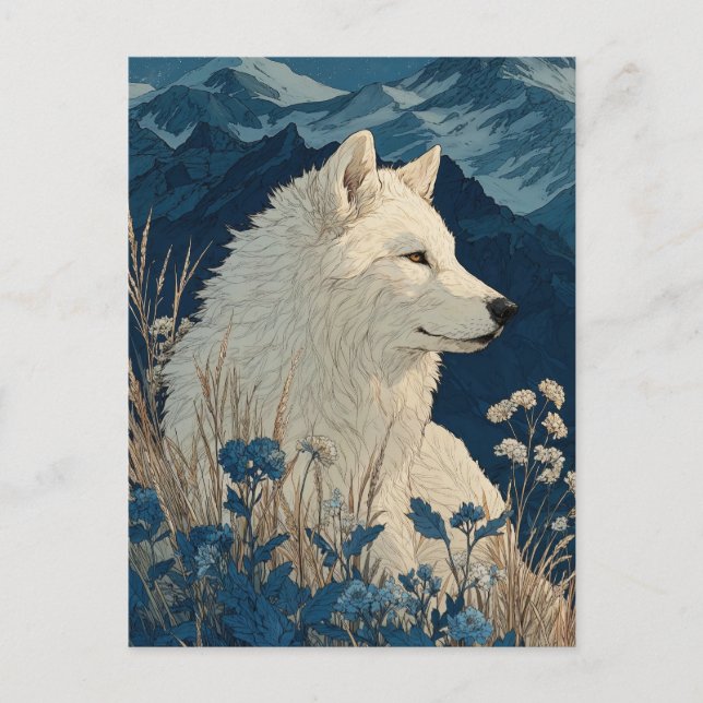 Carte Postale Noble Loup Blanc dans la chaîne de montagnes de Mi (Devant)