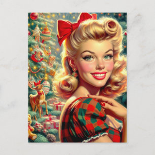 Carte Postale Noël à la fille rétro mignonne