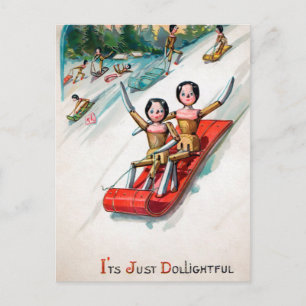 Carte Postale Noël ancien victorien en traîneau en bois pour pou