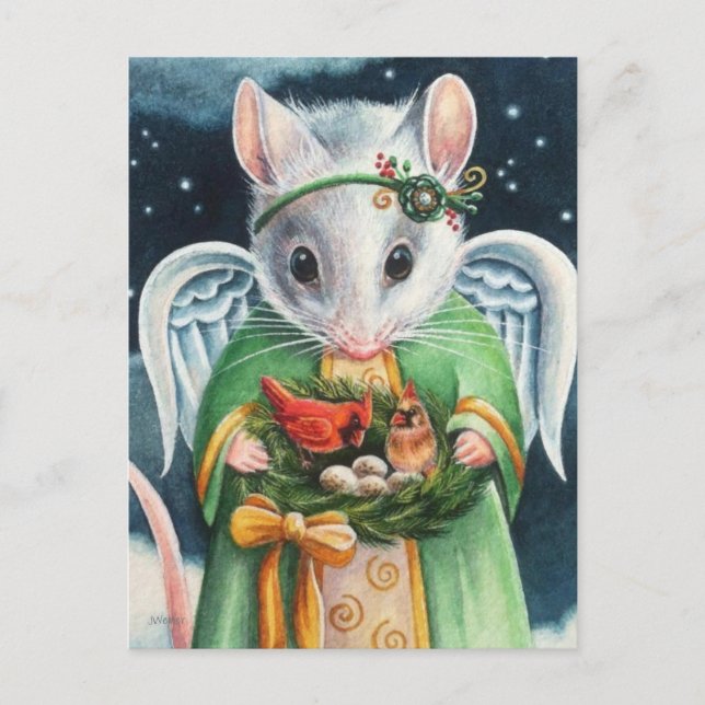 Carte Postale Noël Angel Souris & Cardinaux Aquarelle Art (Devant)
