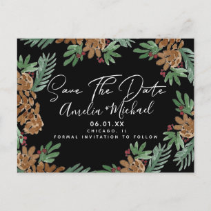 Carte Postale Noël Aquarelle Pinecones Noir Enregistrer la date