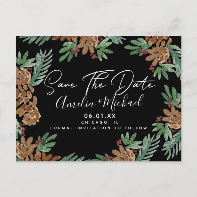 Carte Postale Noël Aquarelle Pinecones Noir Enregistrer la date (Devant)