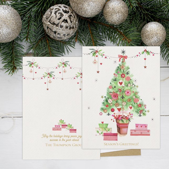 Carte Postale Noël Arbre & Cadeaux Festif Entreprise Fête (Christmas Tree & Gifts Festive Corporate Holiday Postcard)