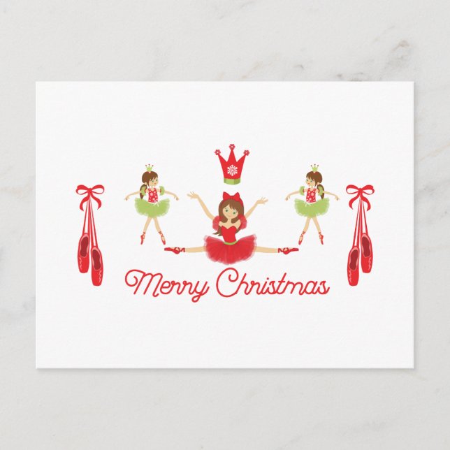 Carte Postale Noël Ballerina avec Chaussures Balet Rouge et Vert (Devant)