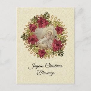 Carte Postale Noël Bébé Jésus en Manger Floral Pointsettia