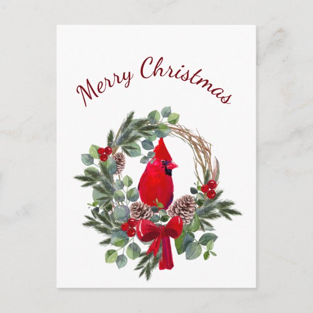 Carte Postale Noël Cardinal Oiseau Rouge Aquarelle Nature Art (Devant)