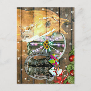 Carte Postale Noël Cheval Wagon Roue Cowboy Bottes Garland
