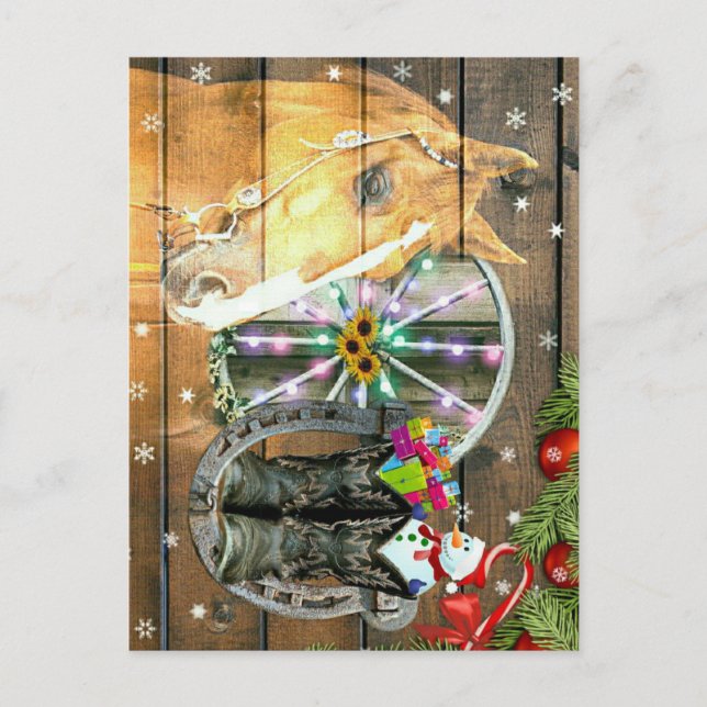 Carte Postale Noël Cheval Wagon Roue Cowboy Bottes Garland (Devant)