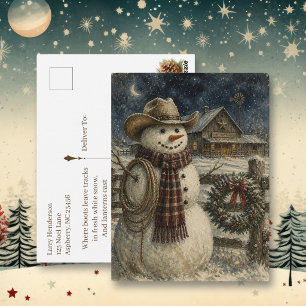Carte Postale Noël Country et Western Bonhomme de neige cowboy