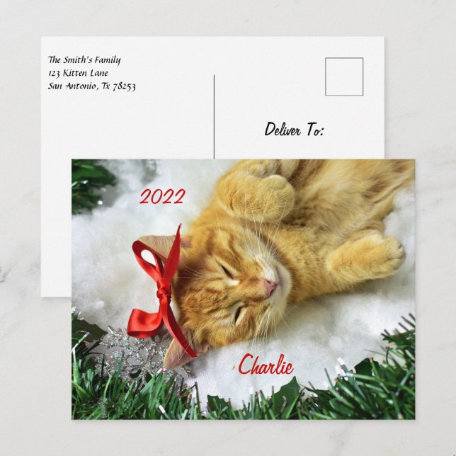 Carte Postale Noël de chat Tabby Orange Personnalisé (Devant / Derrière)