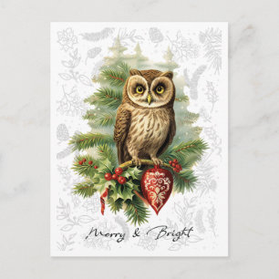 Carte Postale Noël de style vintage Chouette neigeuse et verdure