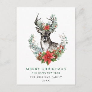 Carte Postale Noël Deer Poinsettia Salutation vacances